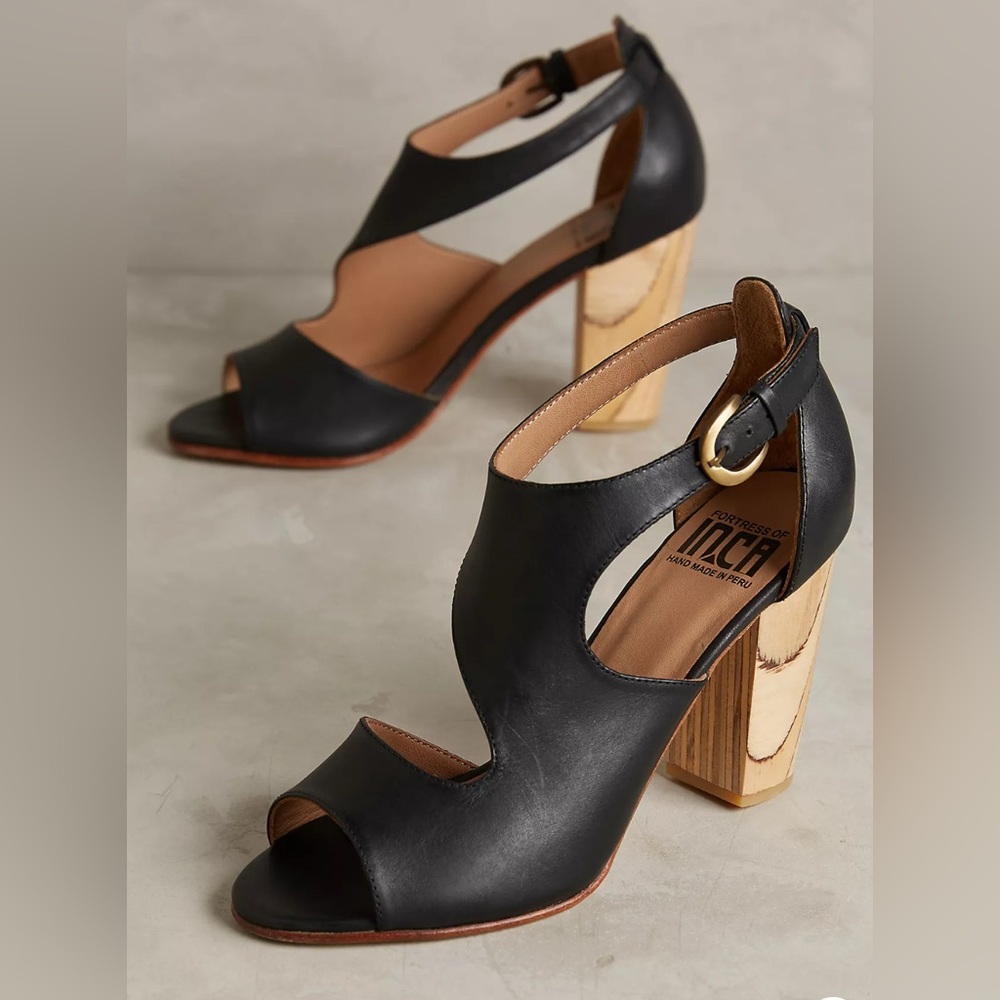 Fortress of Inca Black and Tan Peep-Toe Heels Victoria Vilamoura